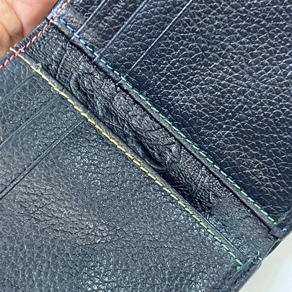 Robert Graham Mens Black Leather Trifold Wallet Multicolor Stitching Paisley
